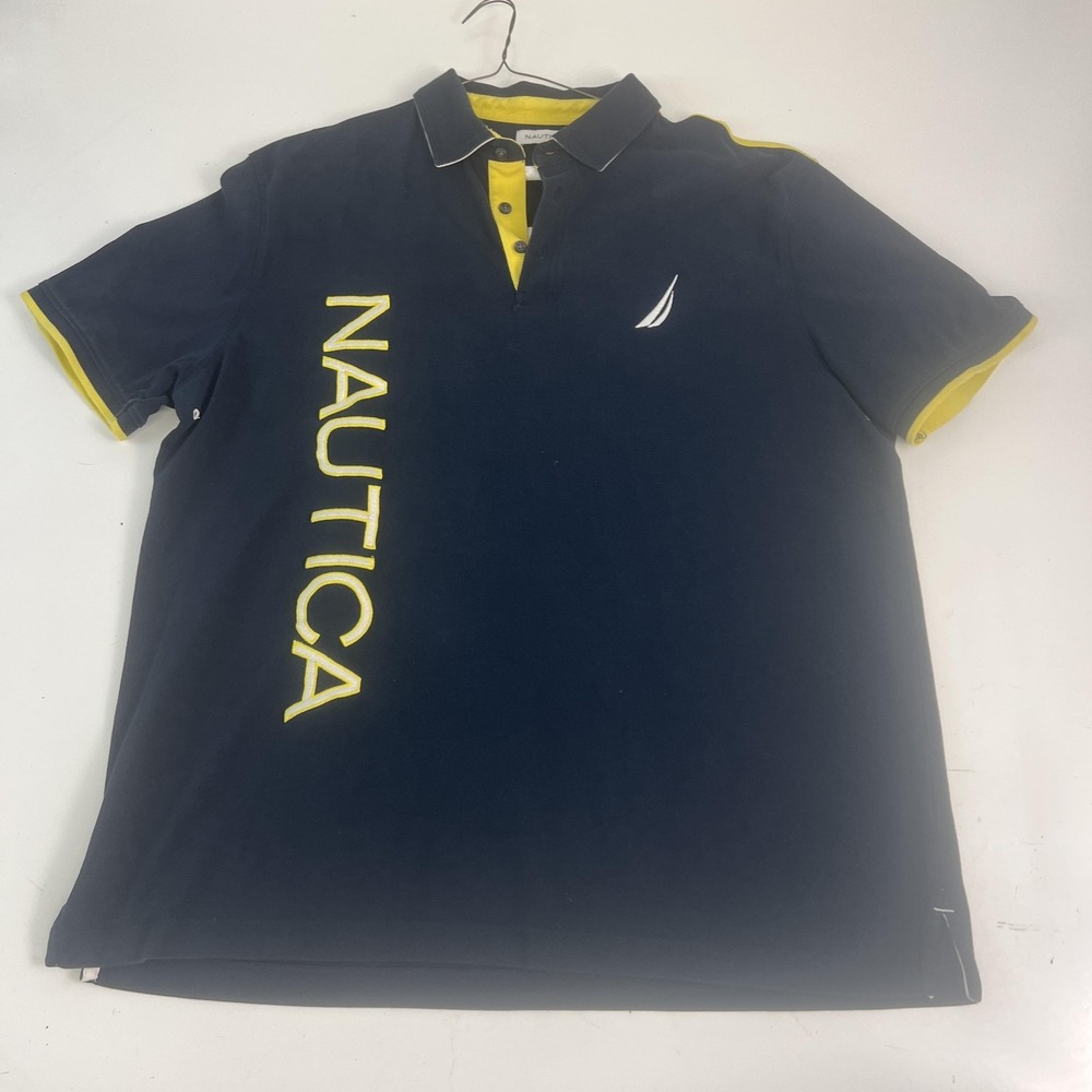 Nautica Polo Shirt Mens XL Blue Yellow Colorblock Nautical Sail Logo Cotton